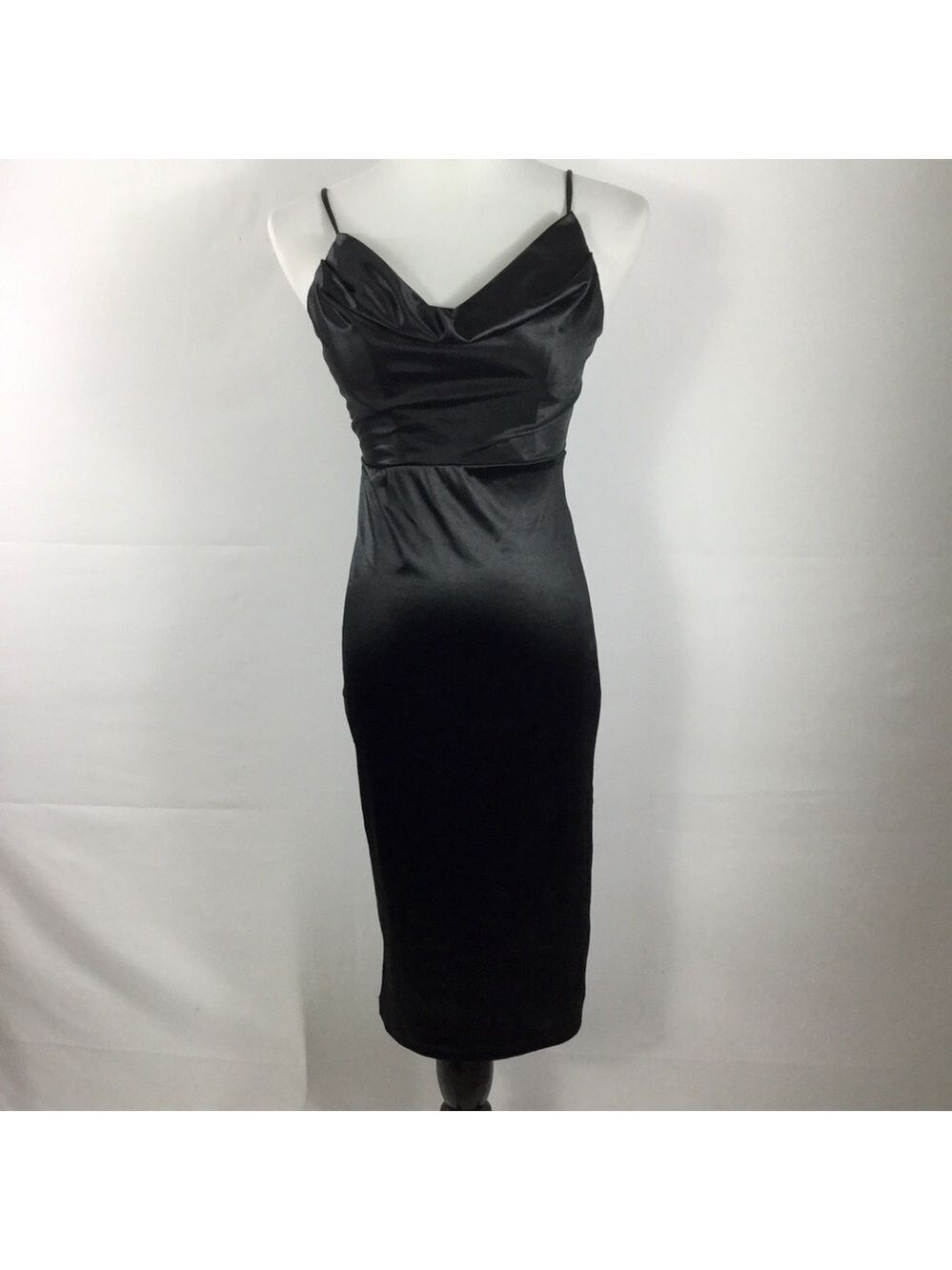 Morning Mist Satin Draped Neck Bodycon Midi Slip Dress Black AU Size 10 US 6 NWT